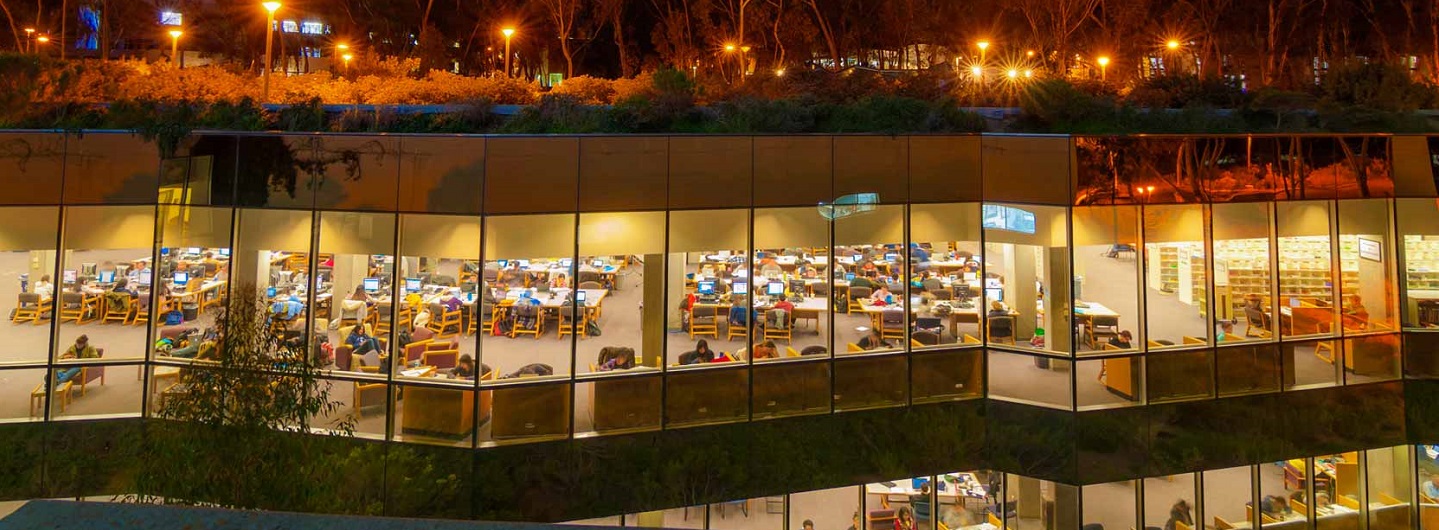 UC San DIego Library, windows all lit up at night